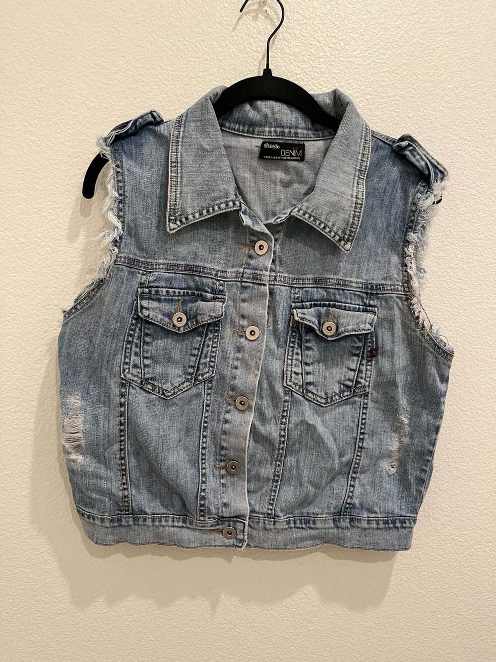 Shasa Denim Distressed Sleeveless Jean Vest